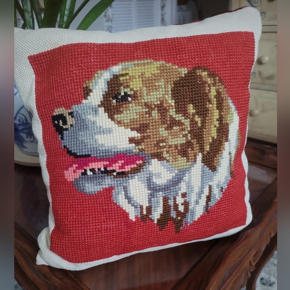 Dog Needlepoint Pillow Red and Brown 12" Square